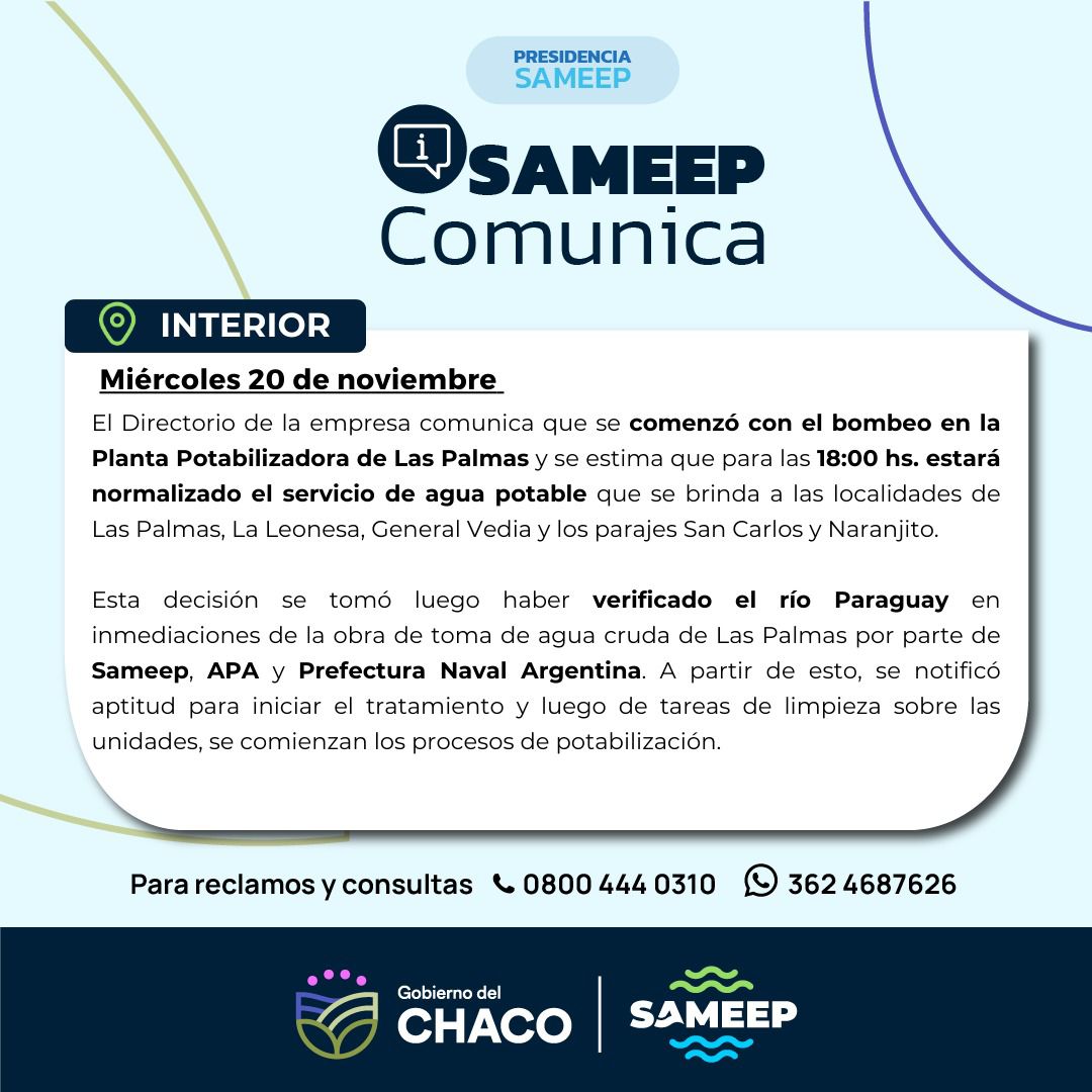 SAMEEP retomó el bombeo en la planta potabilizadora de Las Palmas