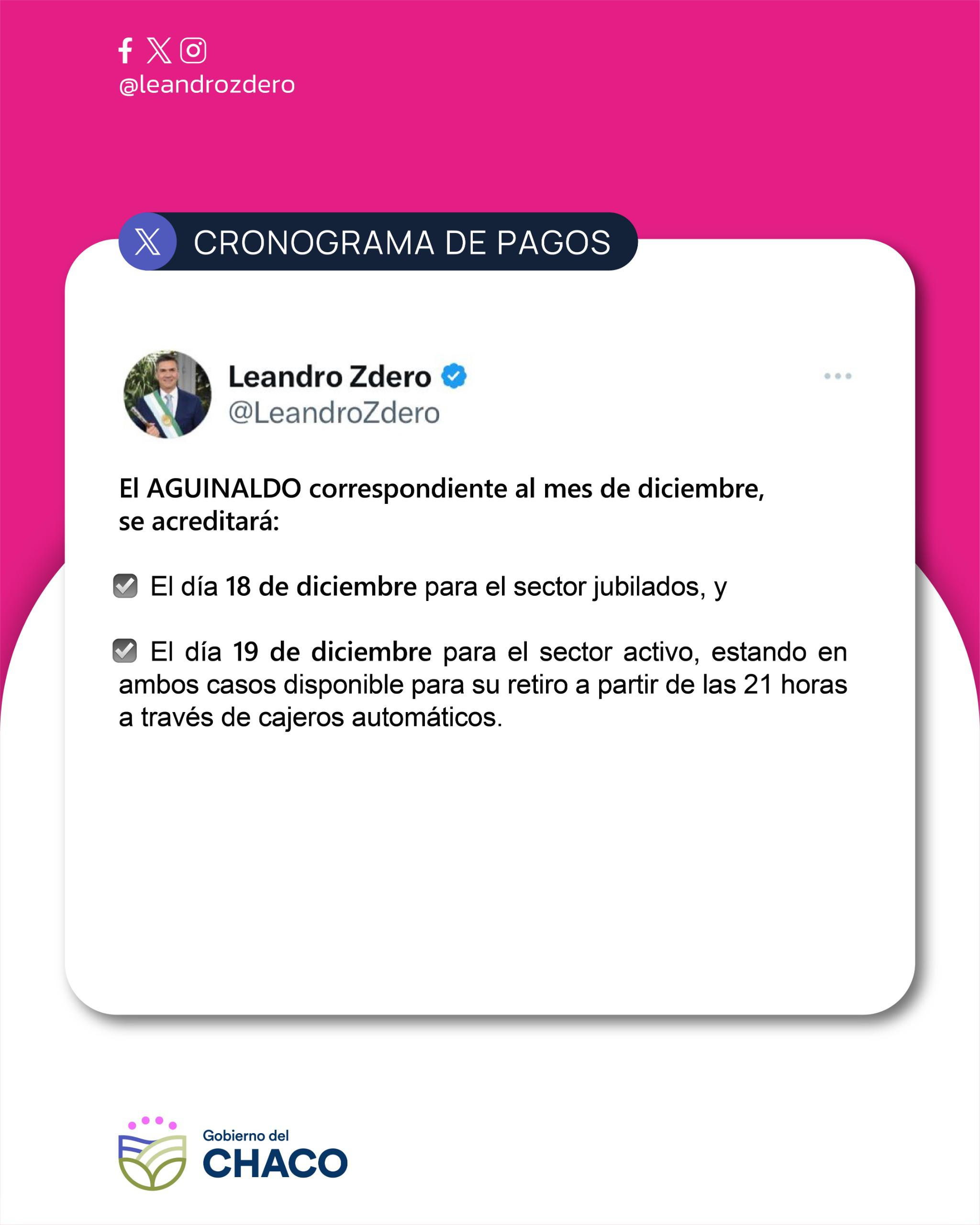 El Gobernador Zdero anunció el pago del aguinaldo 