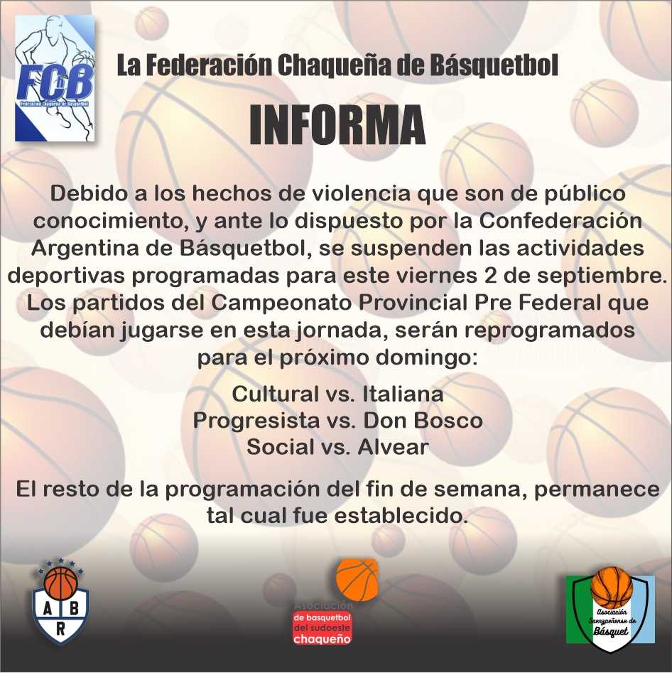 La Federación Chaqueña de Básquetbol suspendió sus actividades de este viernes