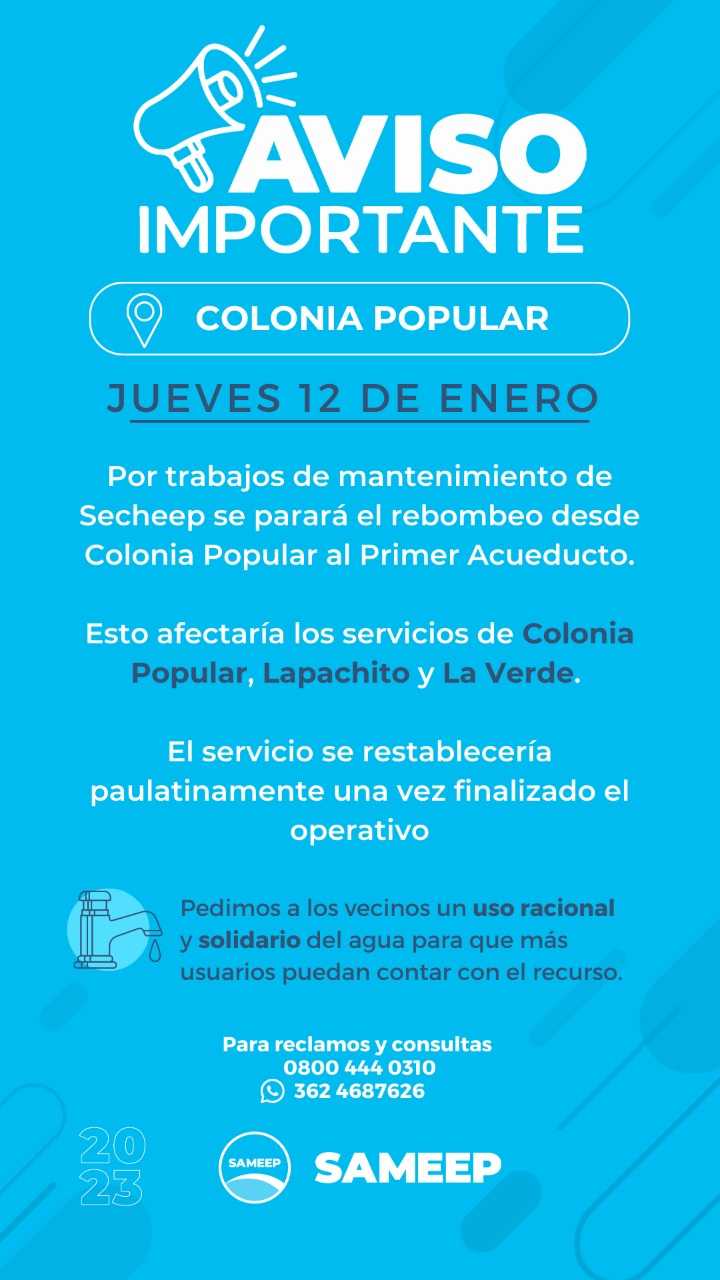 Sameep: Este jueves se afectaría el servicio de agua en Colonia Popular, La Verde y Lapachito