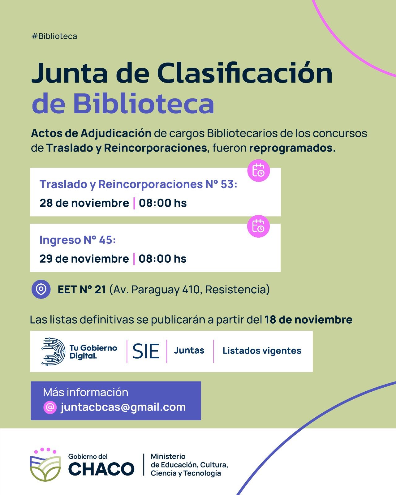 Bibliotecarios: nuevas fechas para concursos de traslado, reincorporación e ingreso