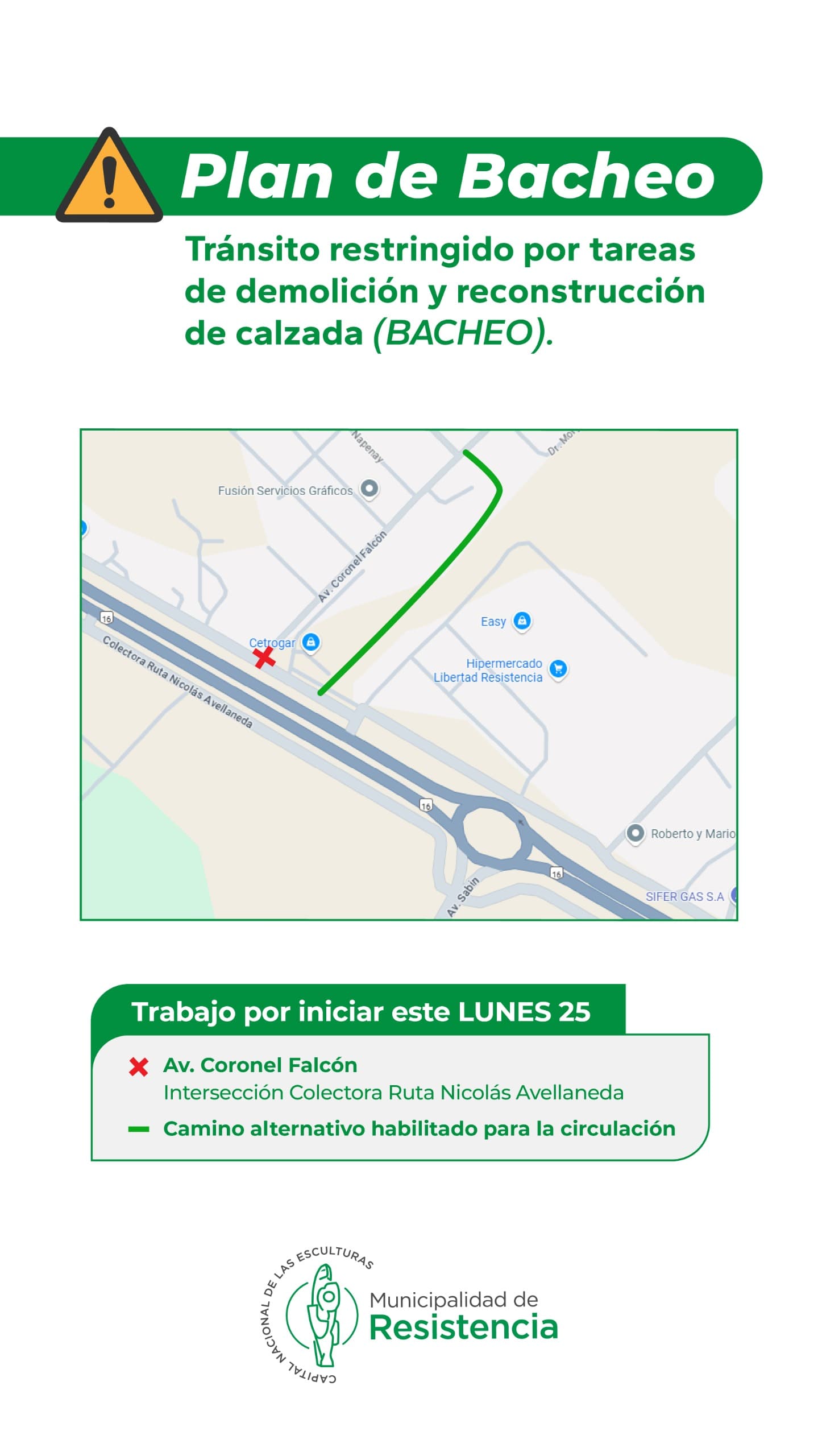 Tránsito restringido en Coronel Falcón y la Colectora 16, por bacheo
