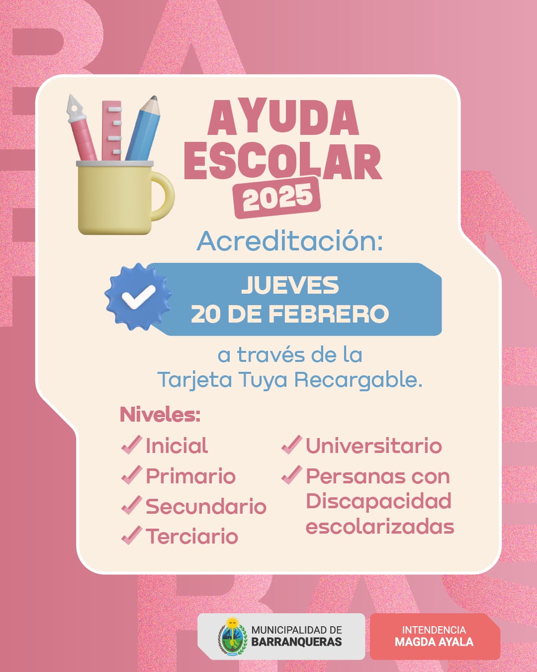 Magda Ayala anunció que el 20 de febrero acreditará la ayuda escolar
