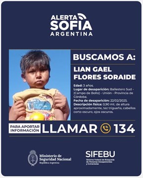 Activan Alerta Sofía por Lian Gael Flores Soraire, el niño desaparecido en Córdoba