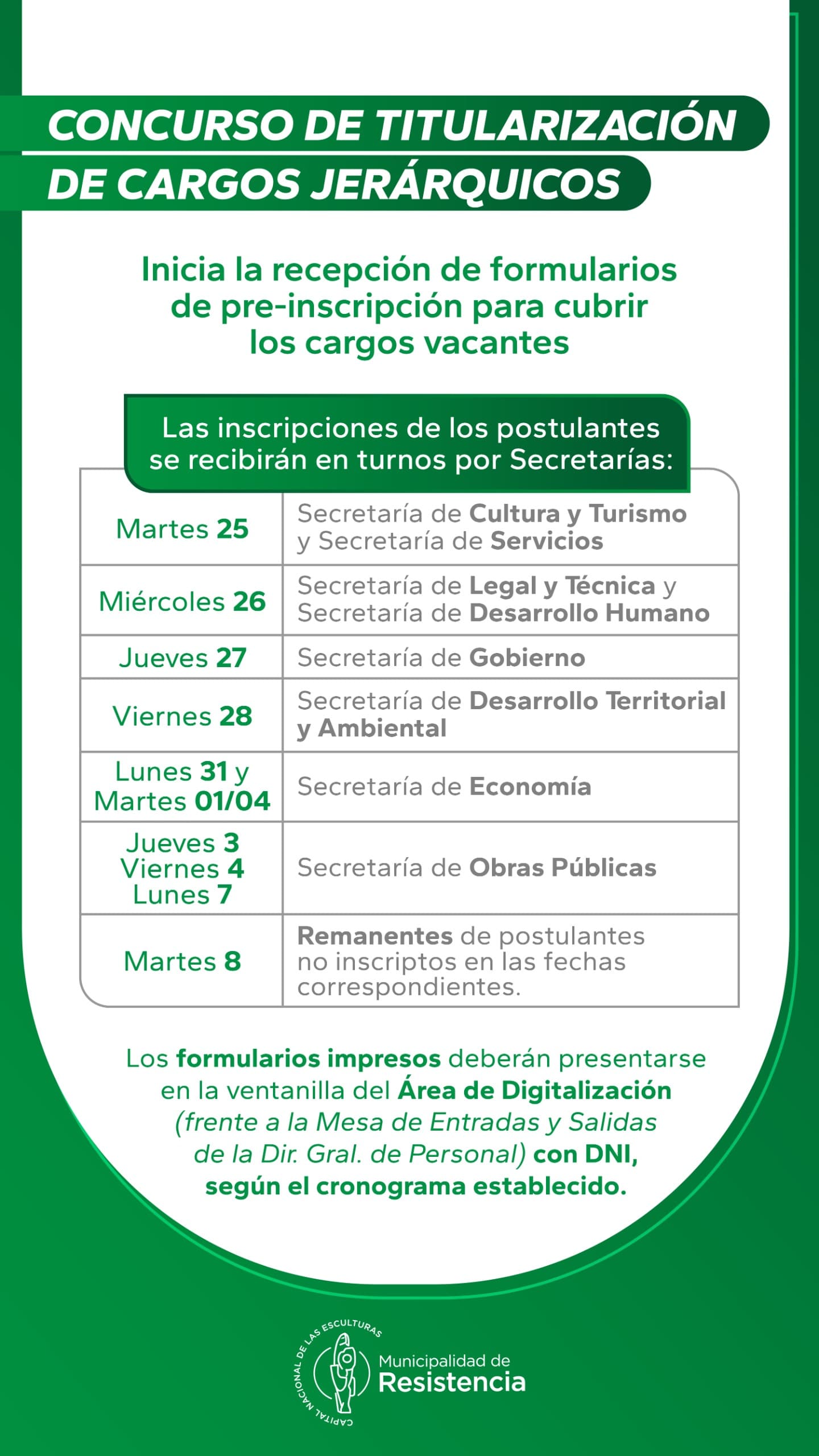 Desde el martes 25 se recibirán los formularios de pre-inscripción para cubrir los cargos vacantes en el Municipio