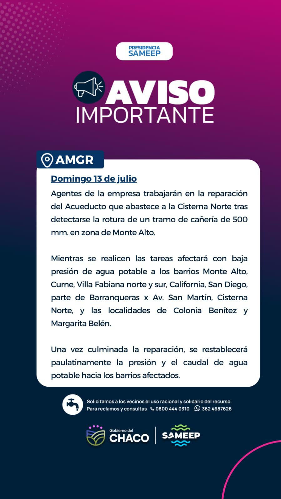 Reparación del acueducto en Monte Alto afectará el servicio de agua este domingo