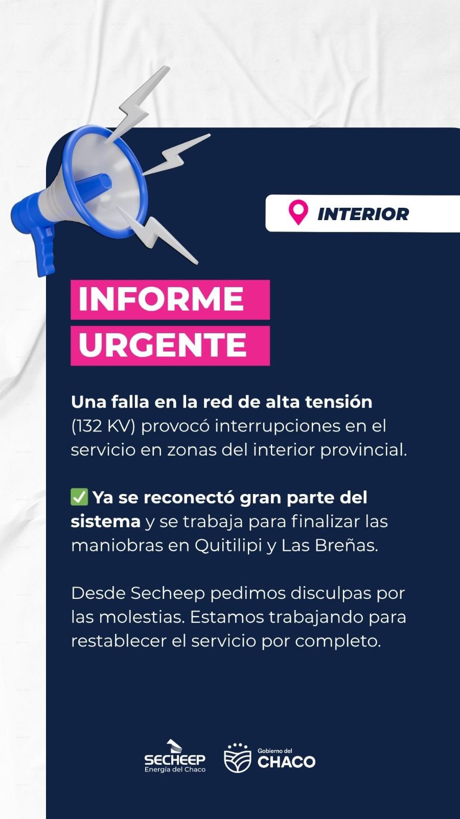 Falla en la red de alta tensión dejó sin luz a localidades del interior chaqueño