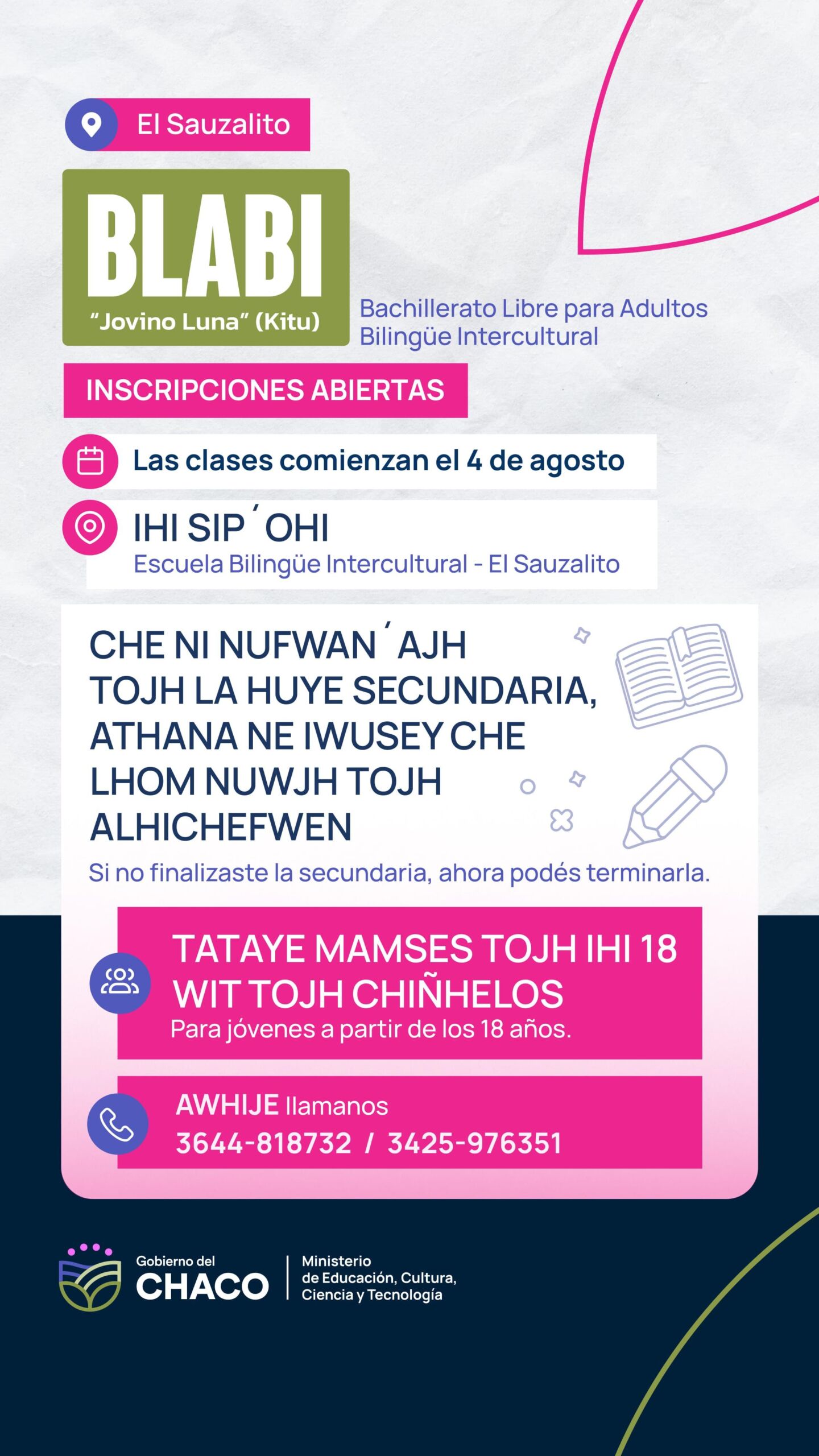 El Sauzalito: siguen abiertas las inscripciones al bachillerato libre para adultos «Jovino Luna”