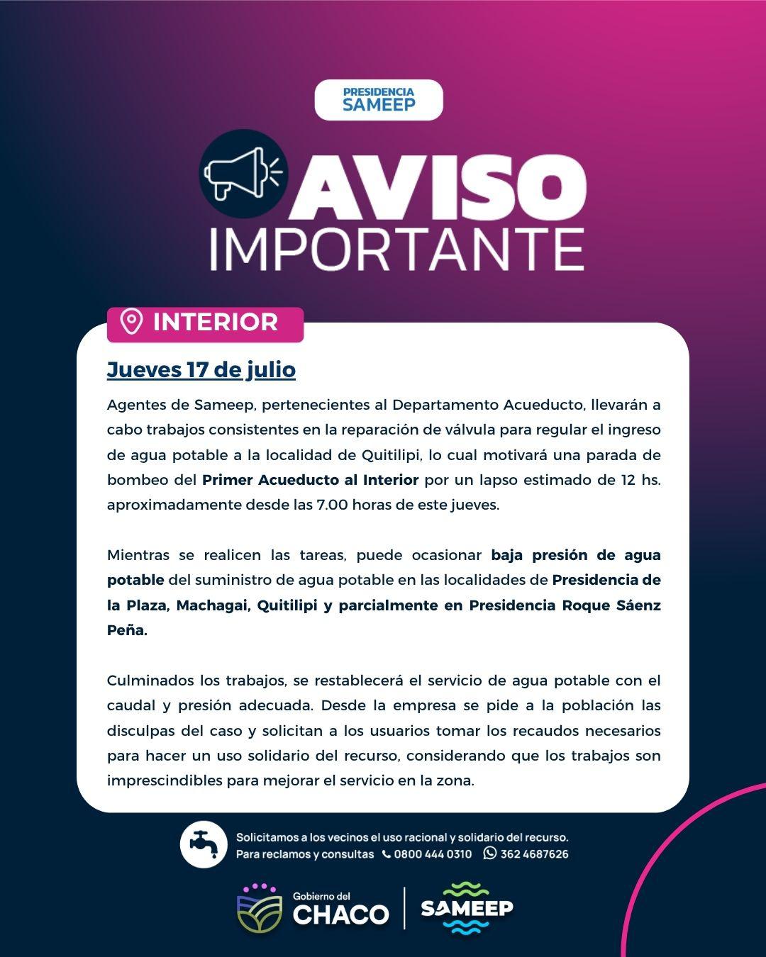 En el ingreso a Quitilipi: SAMEEP recuerda que este jueves se realizarán trabajos de reparación en el primer acueducto al interior