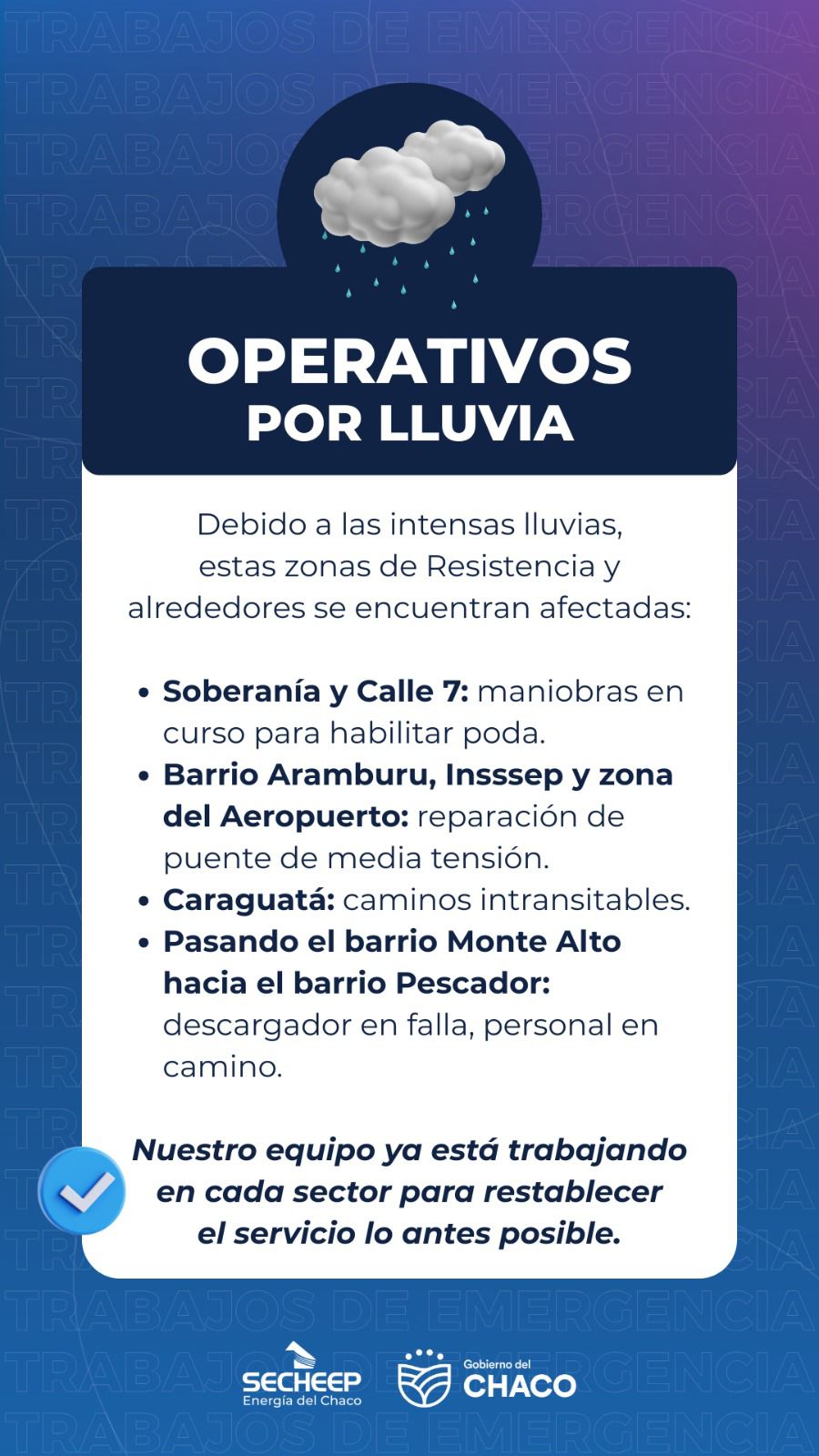 SECHEEP: operativos en sectores afectados por las lluvias en Resistencia y alrededores