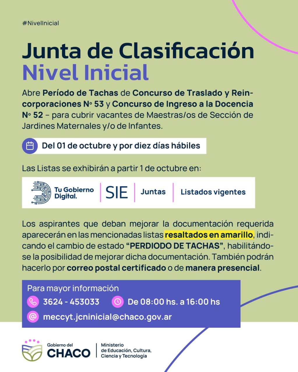 Nivel inicial: abre periodo de tachas de concursos de ingreso, traslado y reincorporaciones