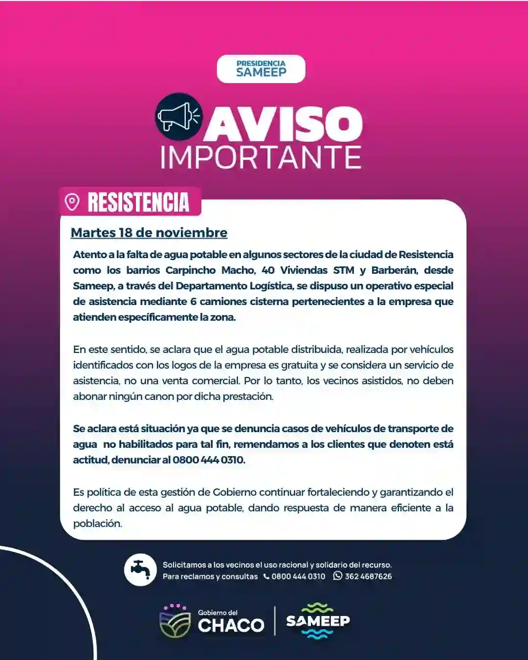 Sameep refuerza la asistencia con camiones cisterna y aclara que el servicio es totalmente gratuito